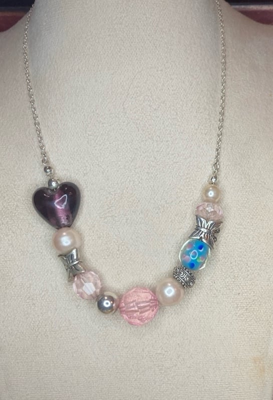 Purple Heart Butterflies Pearl Bubble GLASS Silver Tone Necklace 16β