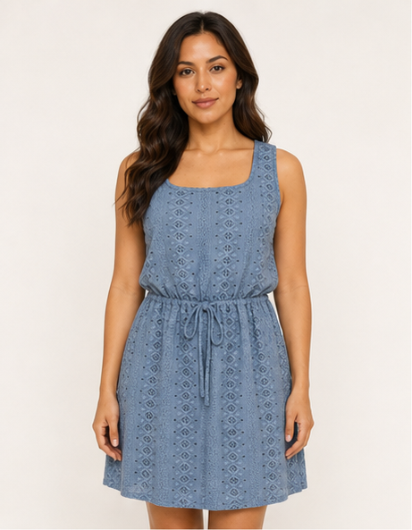 Boho Blue Sleeveless Eyelet Dress Square Neck Drawstring