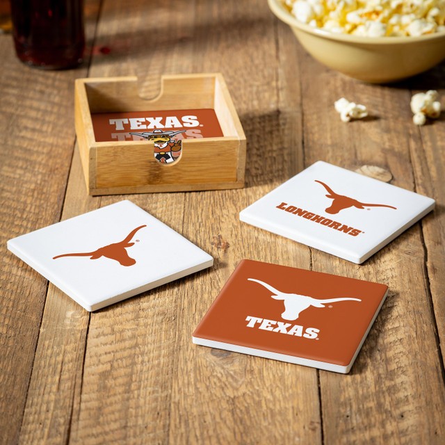 Texas Longhorns 4 Piece Coaster Set with Wood Caddy
