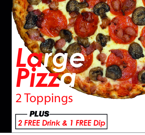 🍕🥤🥣Large 14" Pizza 2 Toppings, 2 Can, 1 Dip