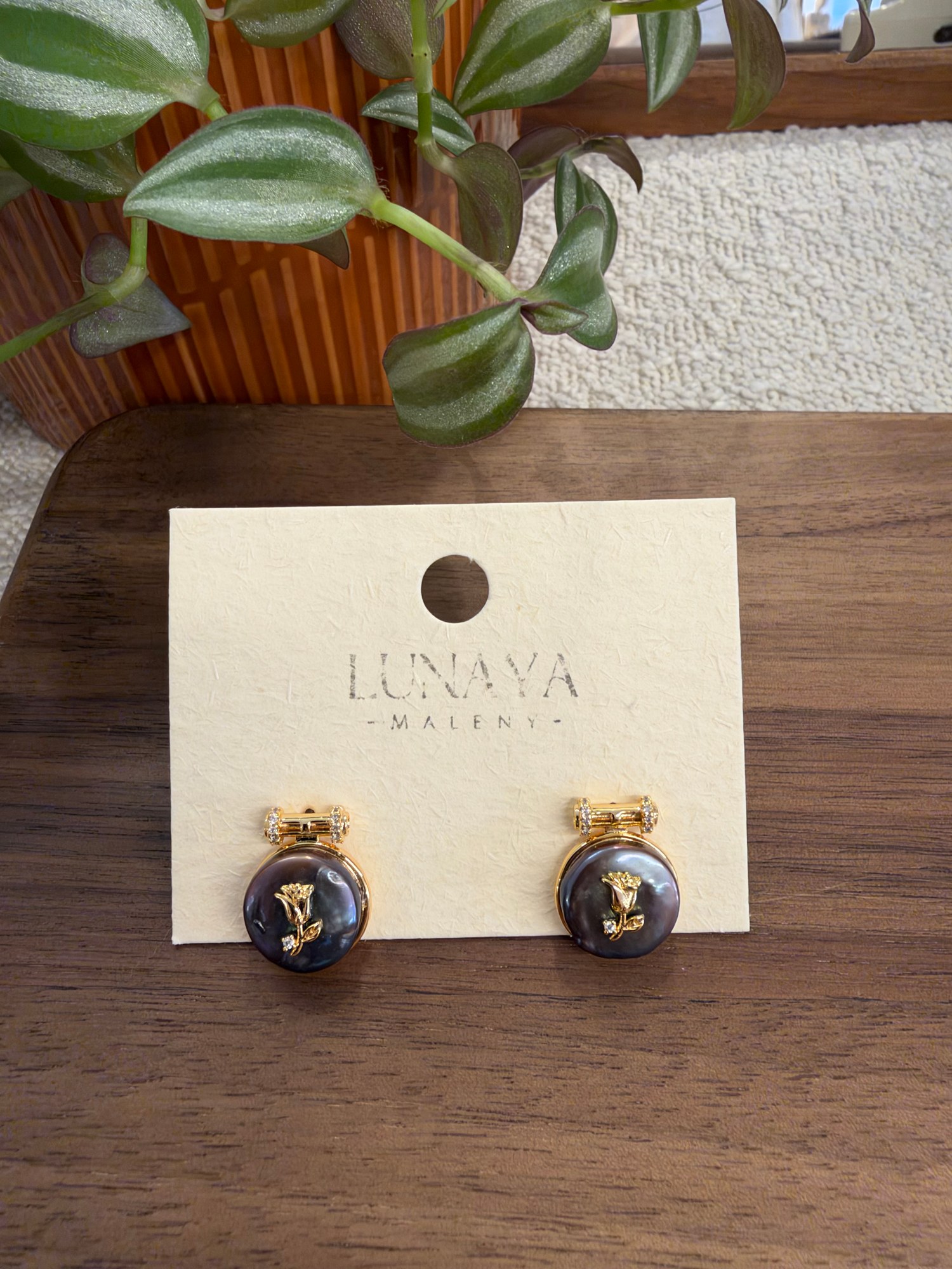 Natural Black Pearl, Gold Rose & Zircon Earrings