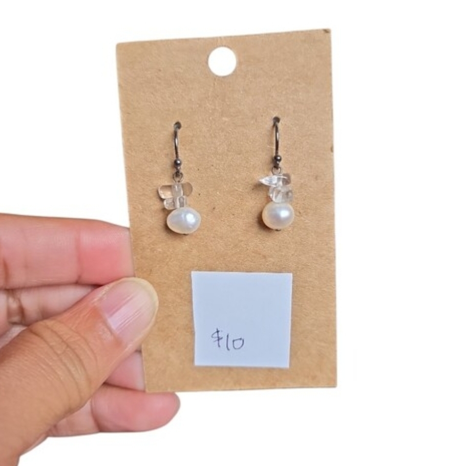 Silver Toned Delicate Pearl Drop Earrings with Clear Crystal Accents 1"