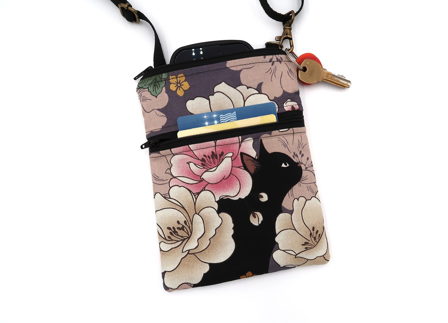 Small Crossbody Bag – Black Cats & Peonies, photo 6 of 15