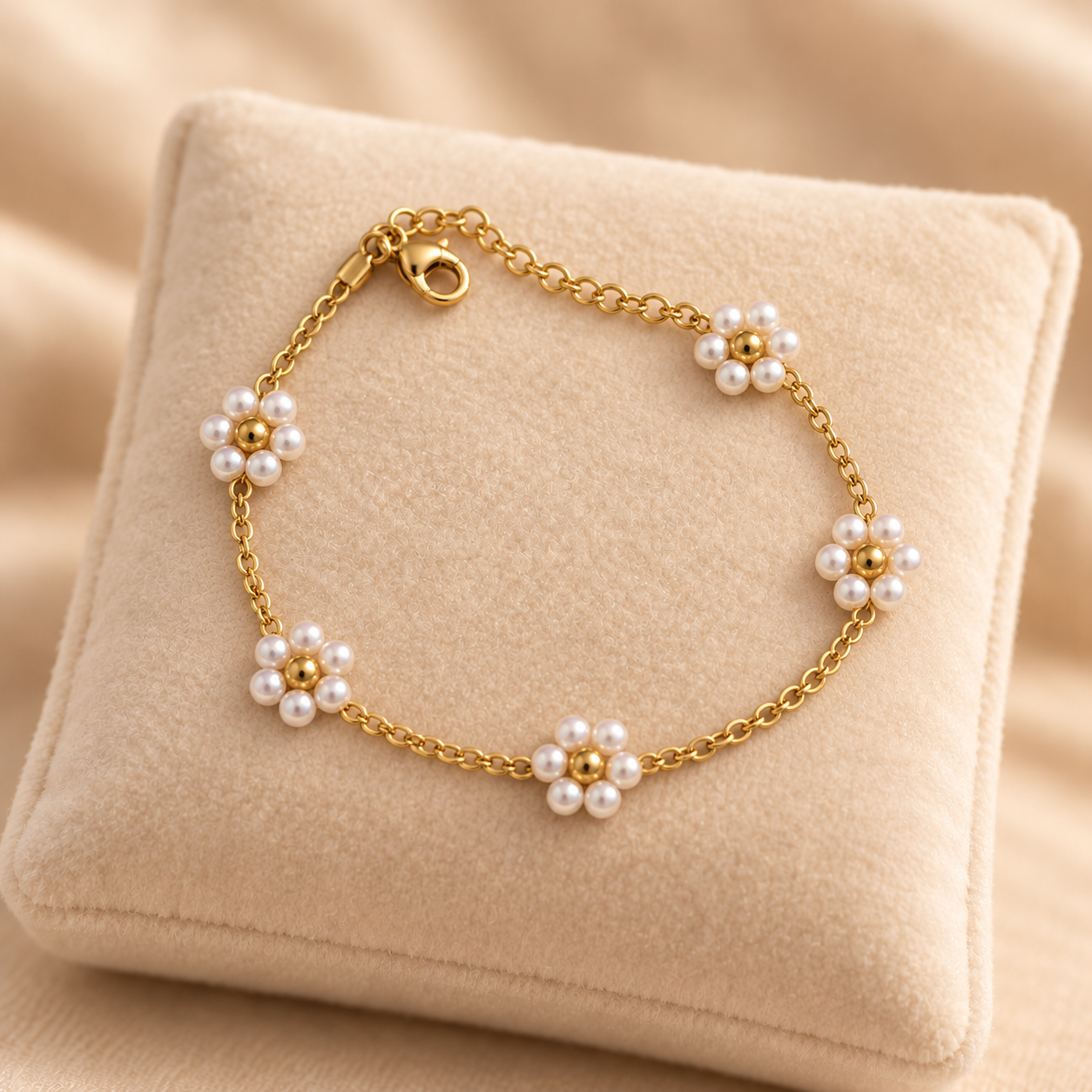 18K Gold Plated 304 Stainless Steel Flower Beaded Chain Bracelet