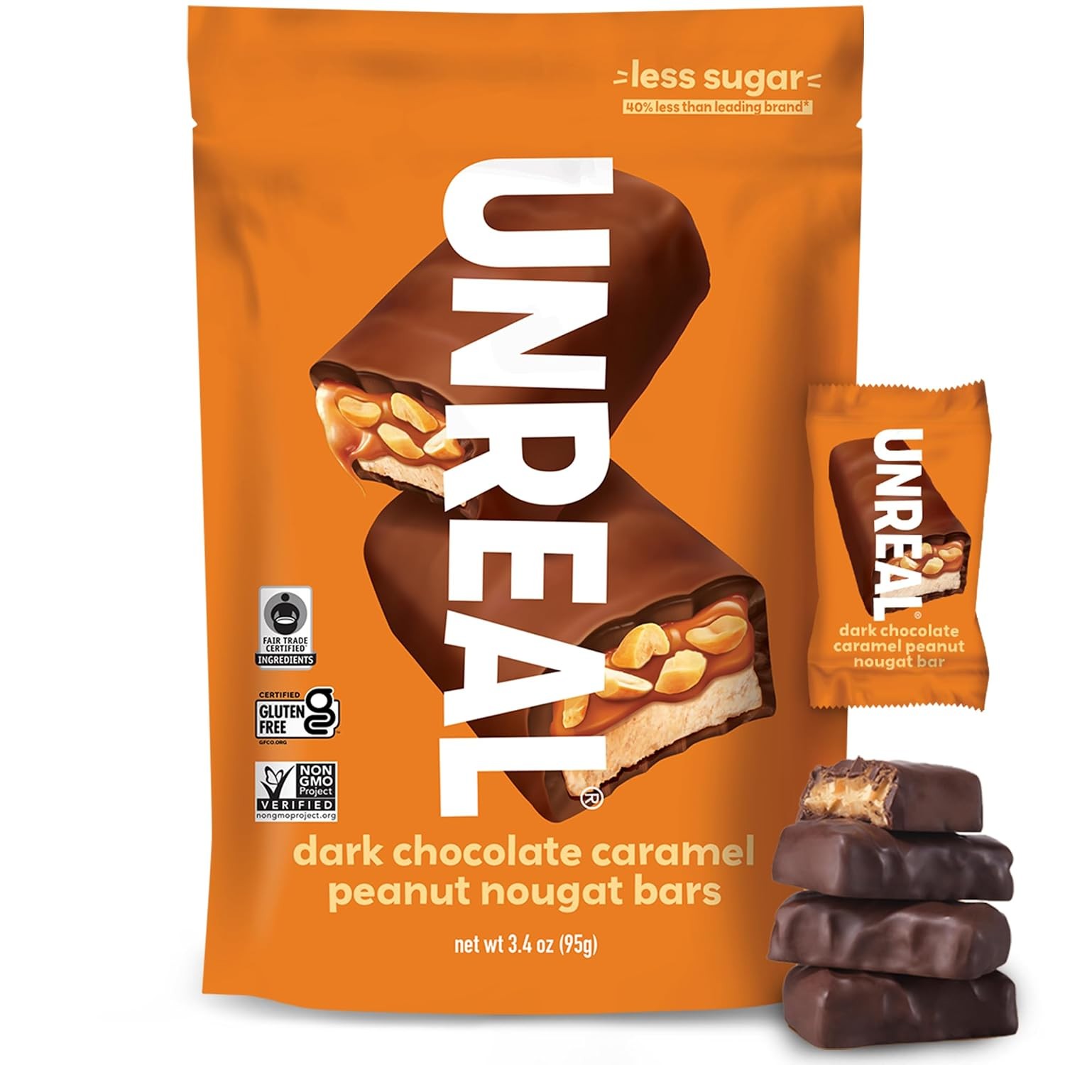 UNREAL Dark Chocolate Caramel Peanut Nougat Bars 3.4 oz 6 Pack