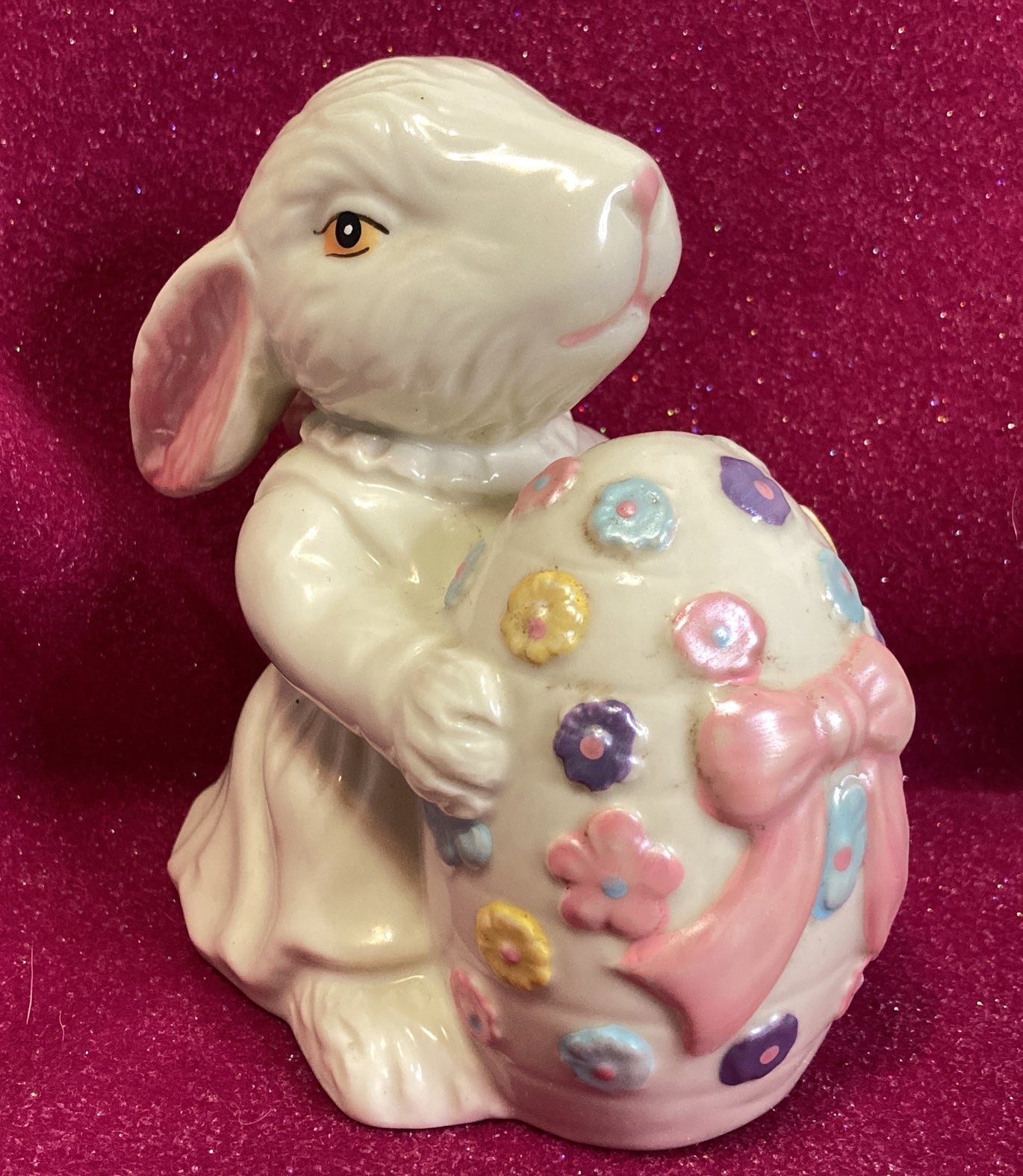 Vintage Ceramic Bunny Pink Nose/Yellow Eyes holding Flowered Egg Pink Bow