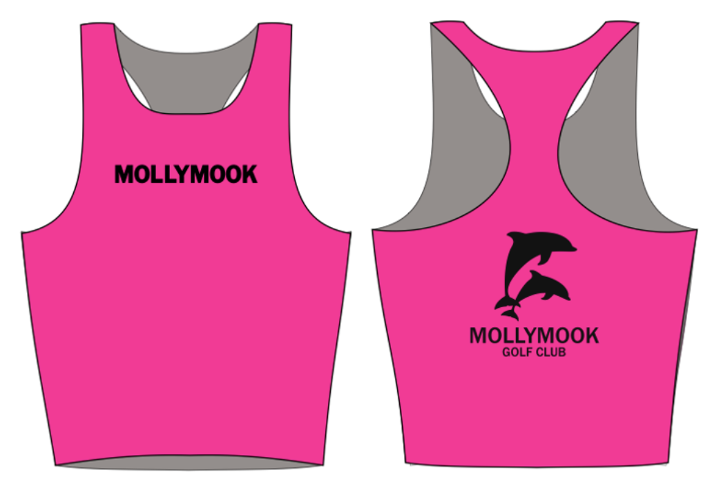 Front and back views of the fluoro-pink Mollymook hi-vis vest, with Mollymook text on the chest and sponsor artwork on the back.