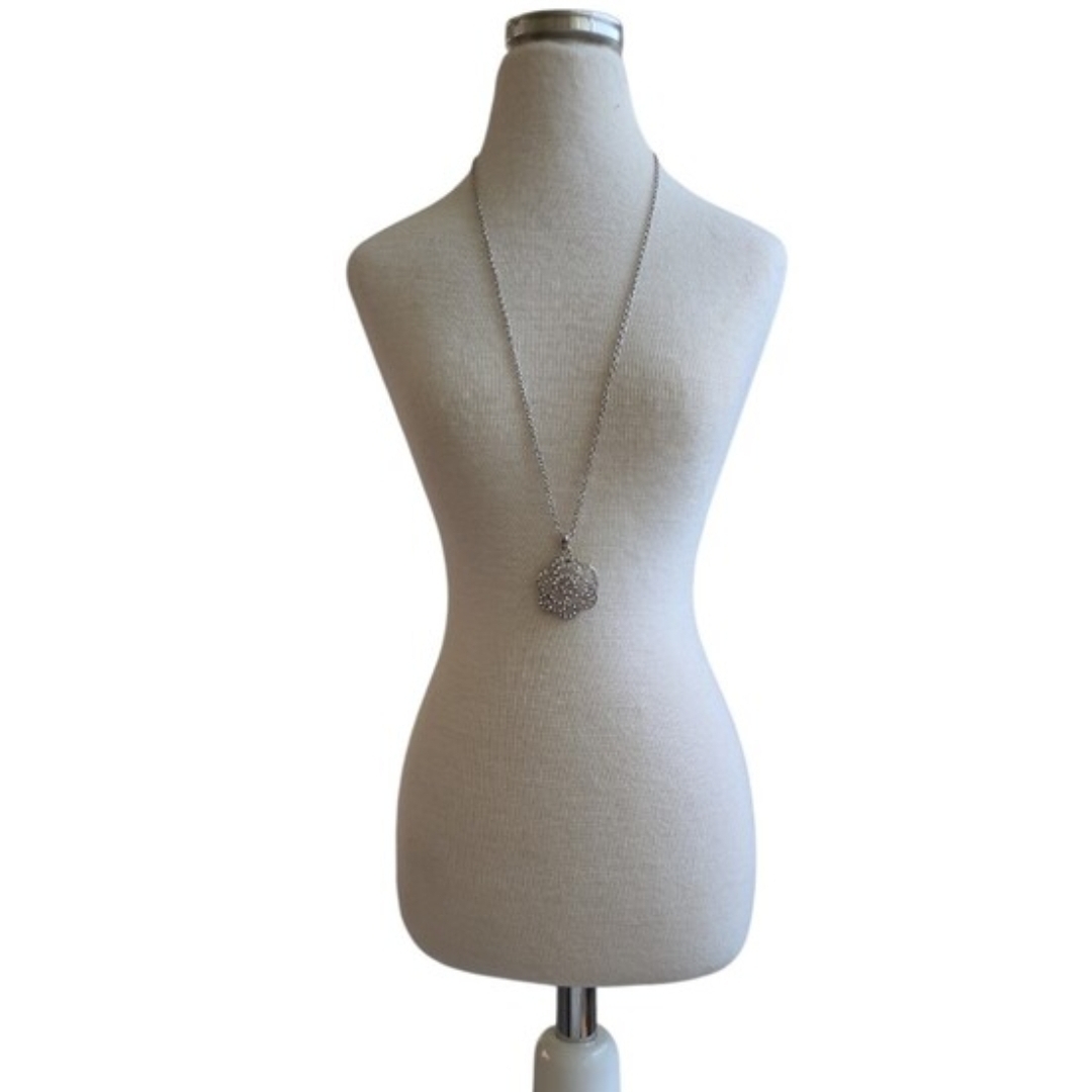 Silver Toned Crystal Flower Disc Pendant Necklace 20"