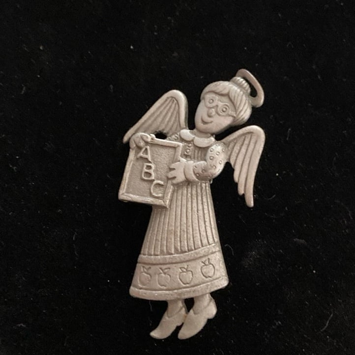 Vintage 80's JJ Angel Teacher Pin with Chalk Board, Pewter Teacher Angel Pin