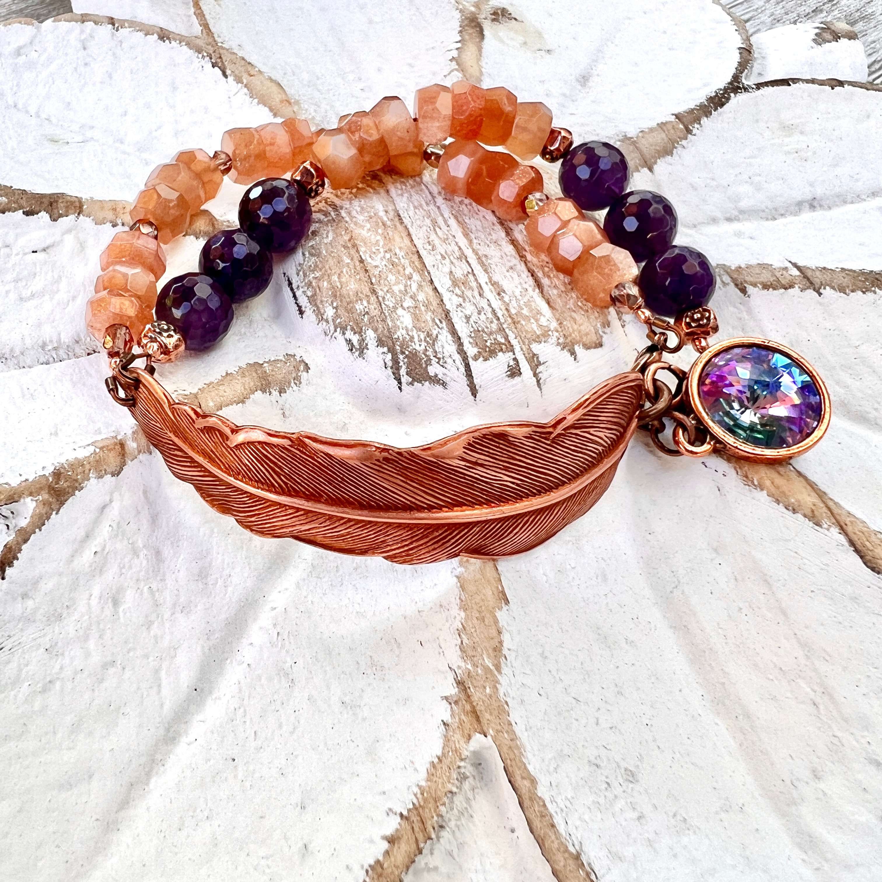 7.25" Vintaj Copper Plate-Brass Feather, Peach Moonstone & Amethyst Bracelet