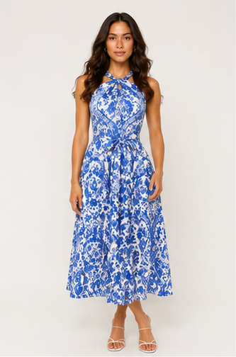 Blue Floral Halter Neck Maxi Dress Boho Vacation Style