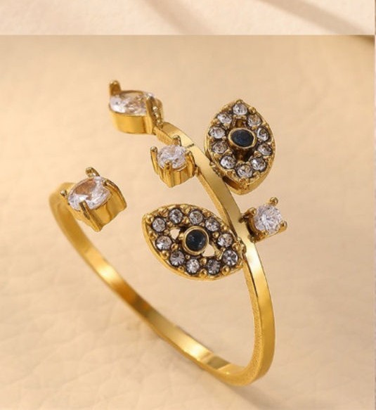 18K Gold Plated 304 Stainless Steel Black Eye Rhinestone Adjustable Ring