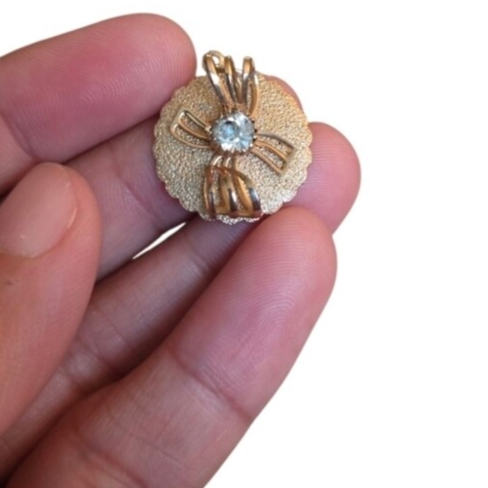 Vintage Gold-tone Textured Rhinestone Bow Pendant