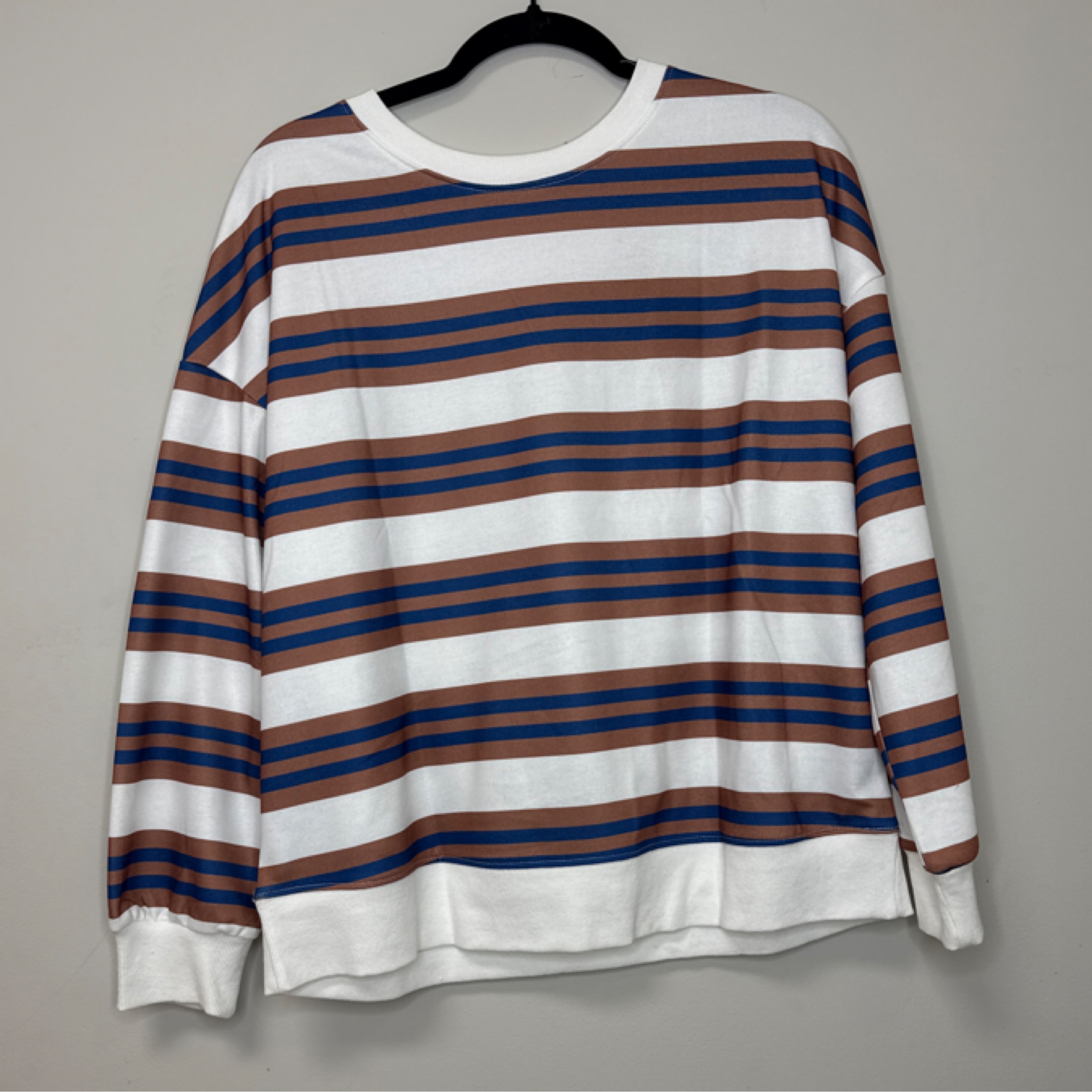 DL brown/blue stripe long sleeve top — Bama Tan boutique, Tuscaloosa AL