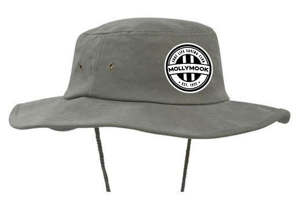 Grey Mollymook Surf Life Saving Club bucket hat with chin strap and circular club logo.