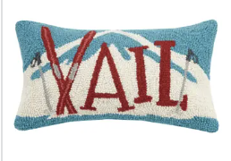 Vail Pillow Red lettering with Blue Background
