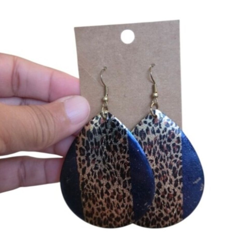 Vintage Gold Toned Leopard Print Teardrop Earrings Blue Brown Black 3"