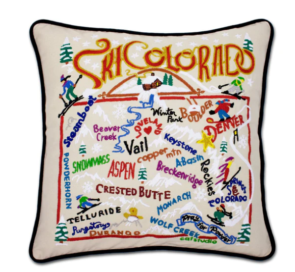 Ski Colorado Hand-Embroidered Pillow Catstudio