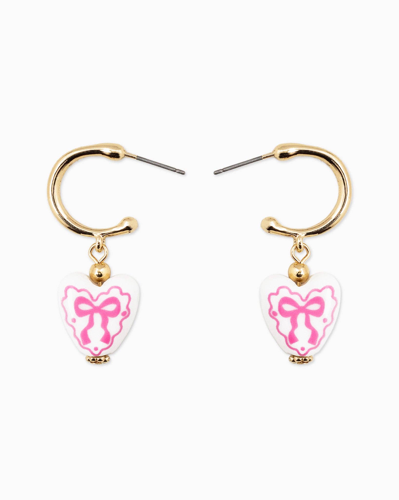 Ceramic Heart Bow Graphic Drop Hoop Earrings