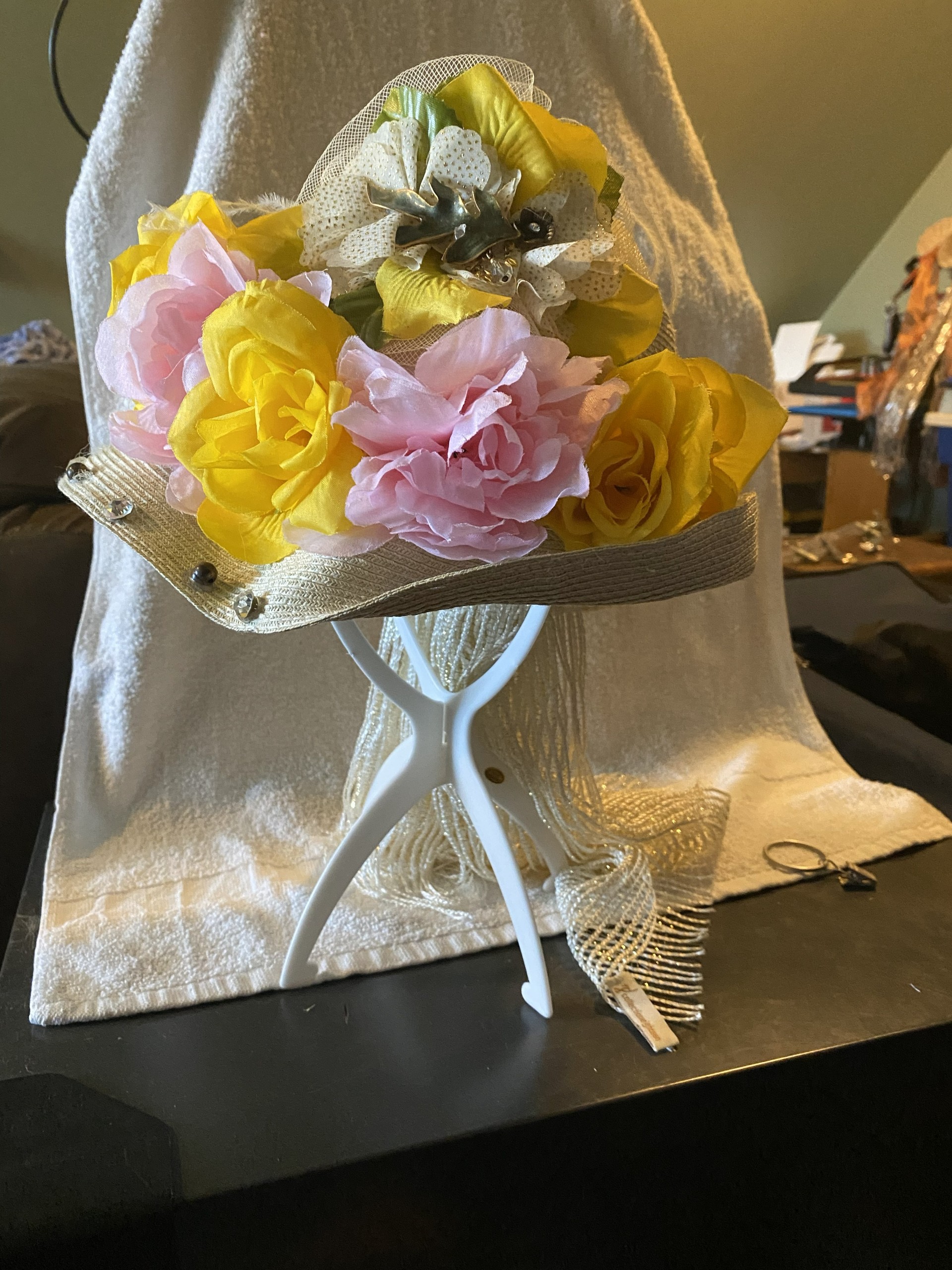 Pink and Yellow Flowered Bonnet with Laced Scarf