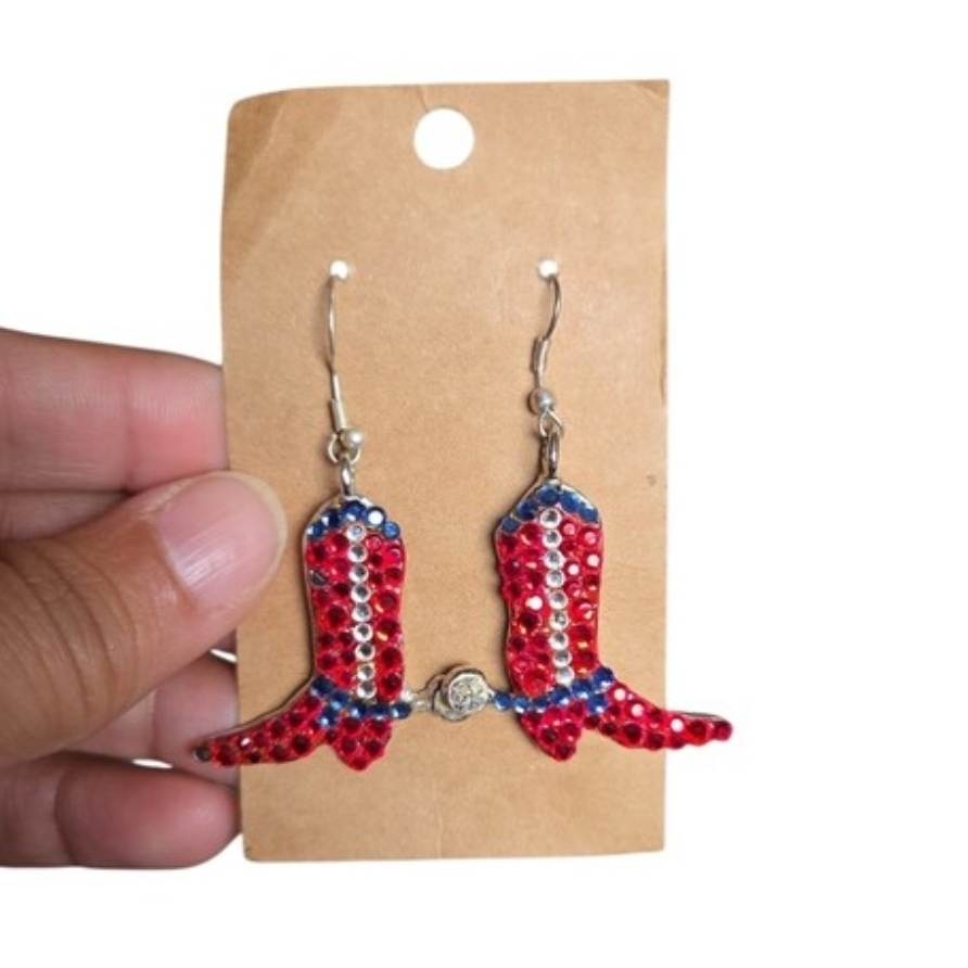 Silver Toned Americana Red Silver Blue Rhinestone Cowboy Boot Dangle Earrings