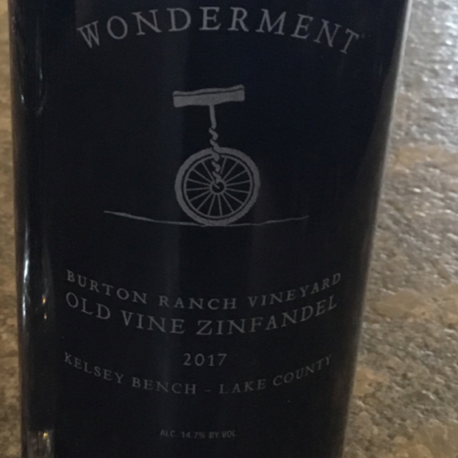 Bottle of Wonderment Burton Ranch Zinfandel 2017 available at Ashburn Wine Shop