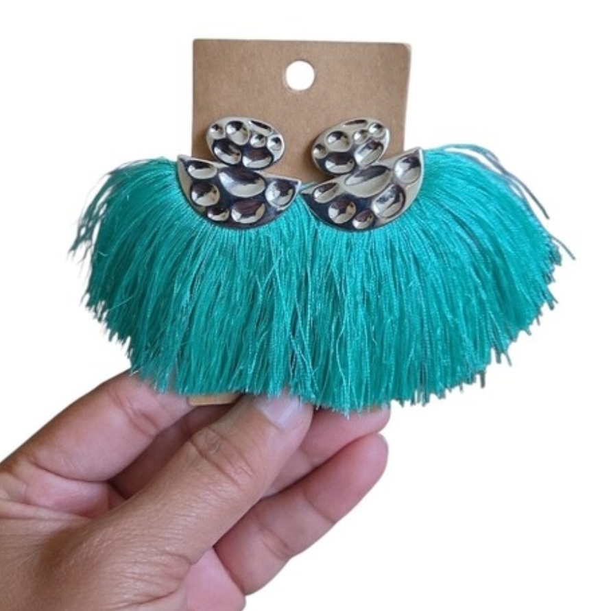Silver Toned Turquoise Tassel Fringe Statement Earrings