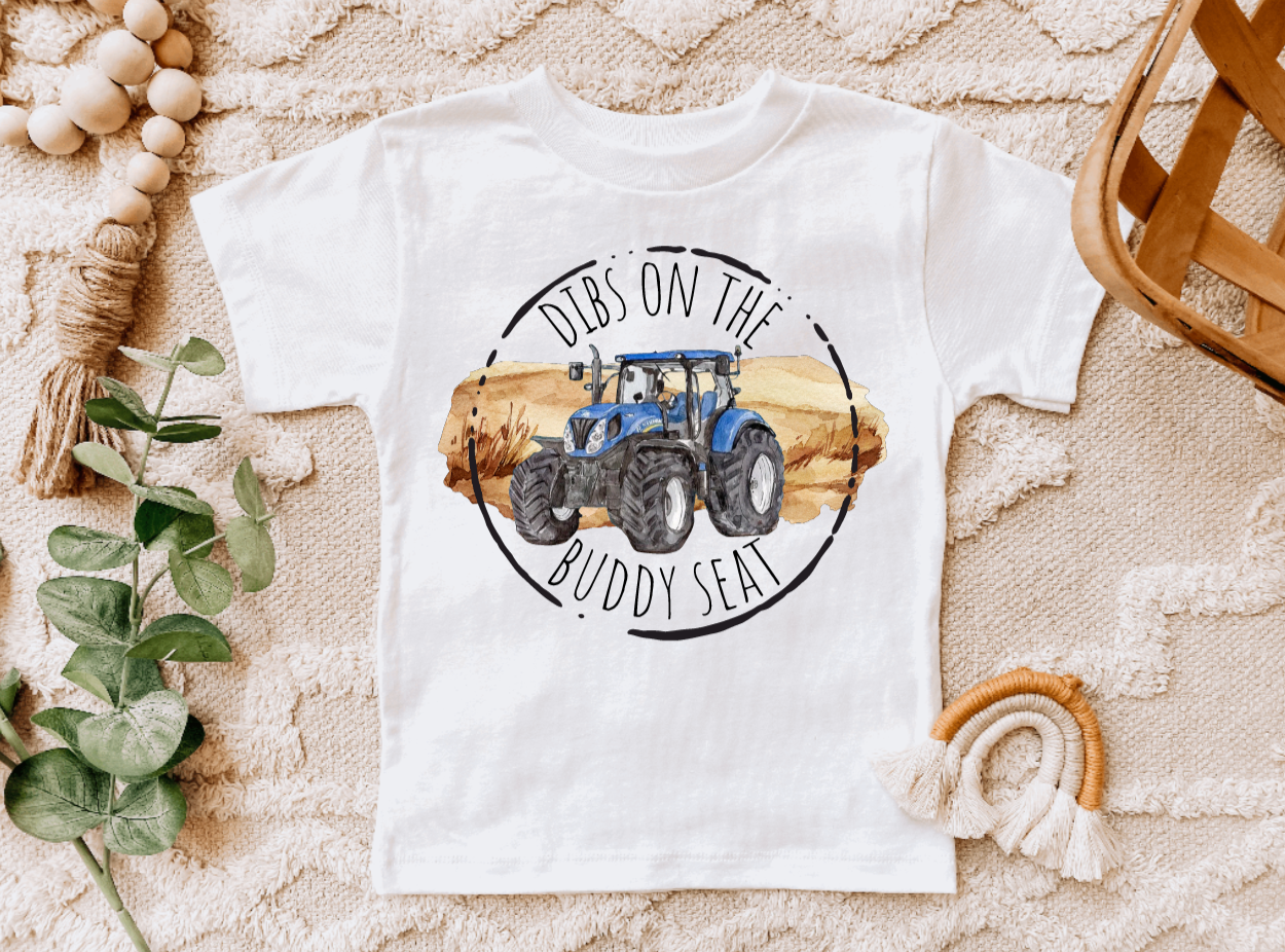 Dibs on the Buddy Seat Blue Tractor S/S T-Shirt