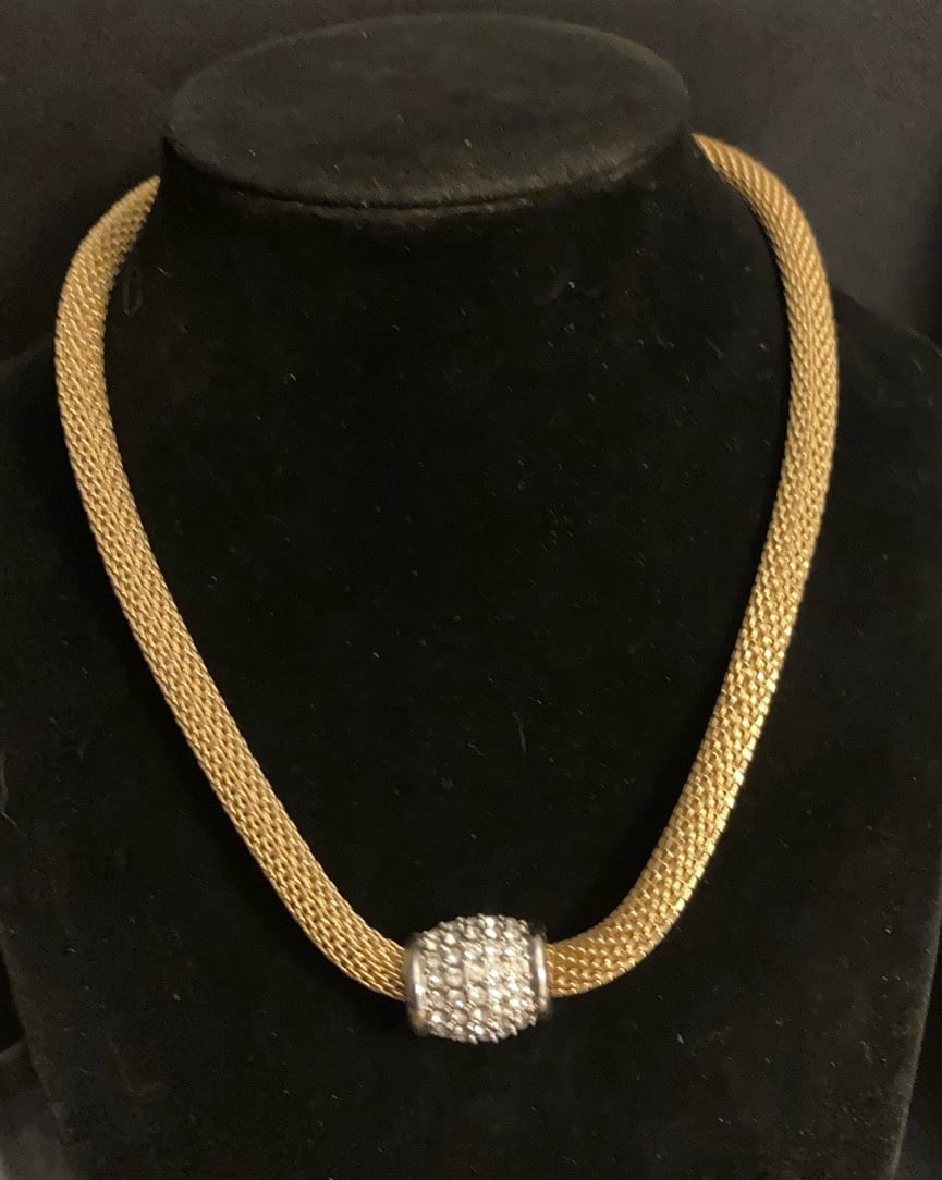 Gold Tone Magnetic End Clasp Mesh Rope Necklace with Cubic Zirconia