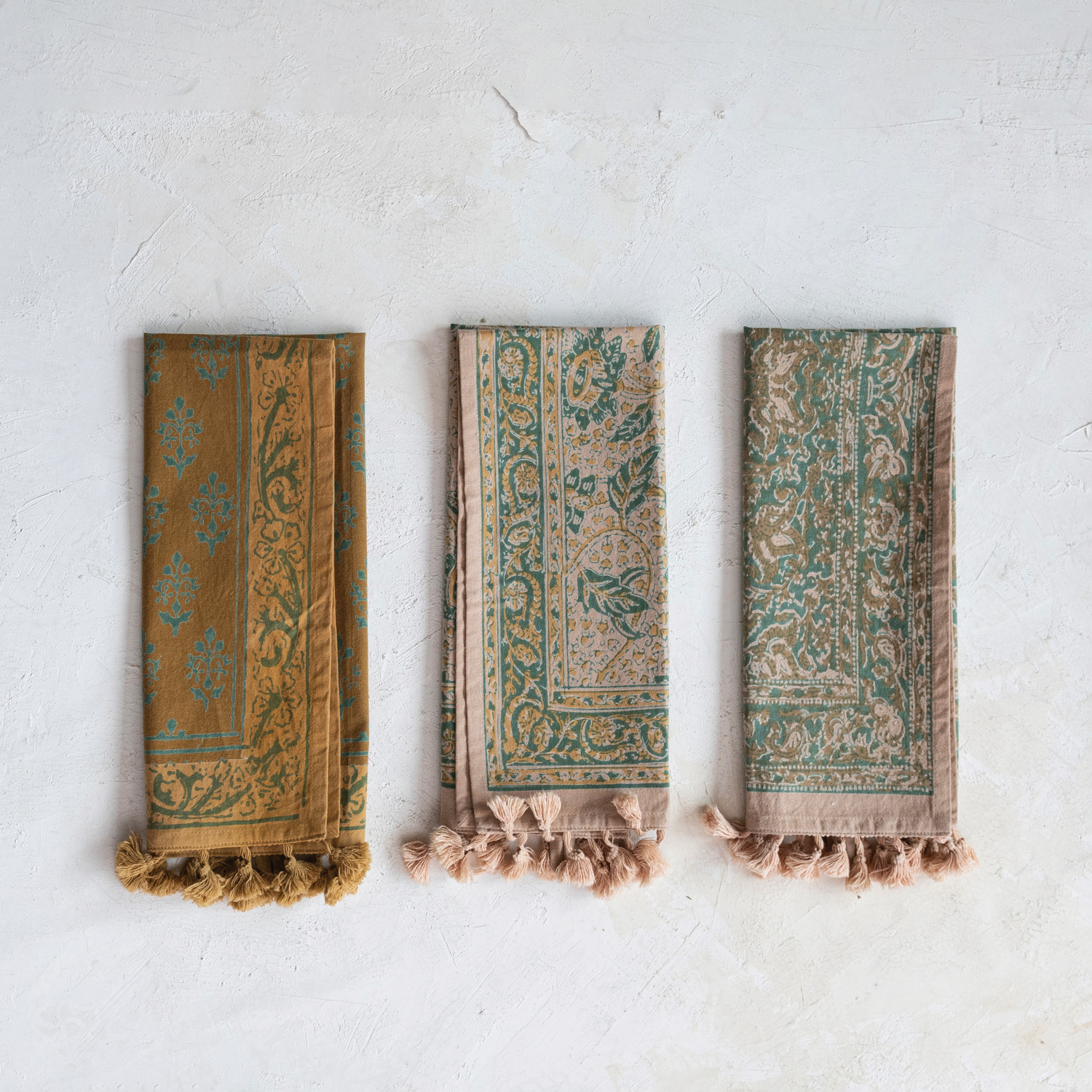 Boho global inspired cottage core printed tea towel with tassels