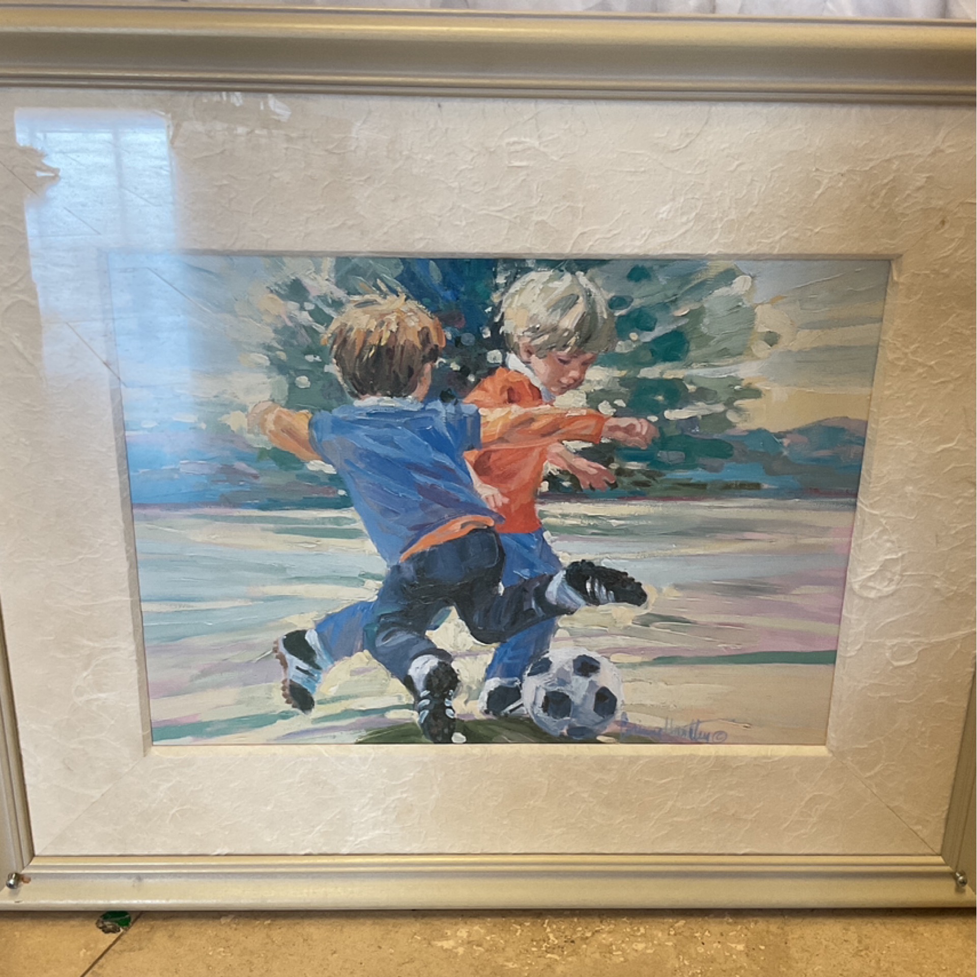 2 Boys Playing Soccer Art Frame