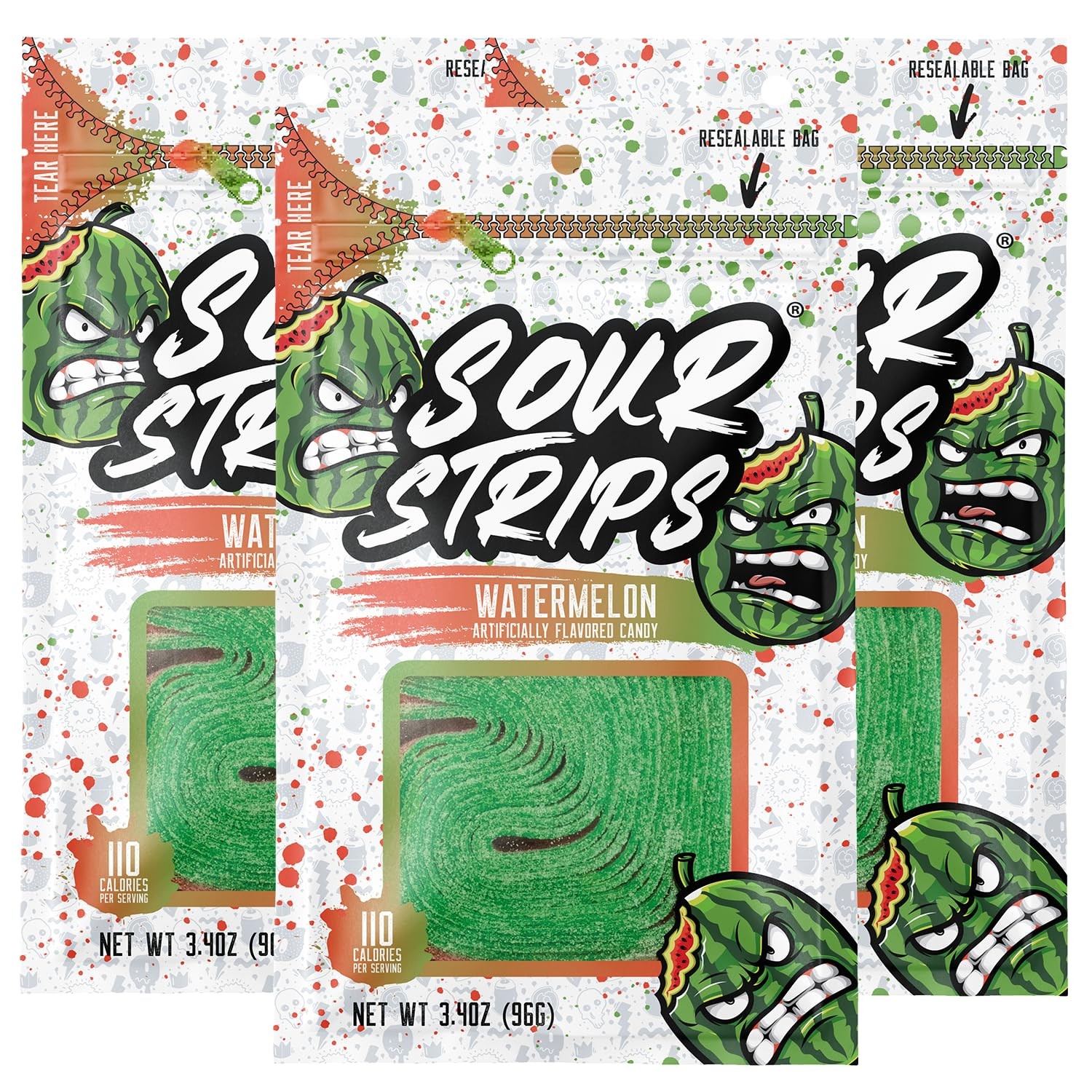 Sour Strips Watermelon Sour Candy Belt Peg  3.4 oz 12 ct