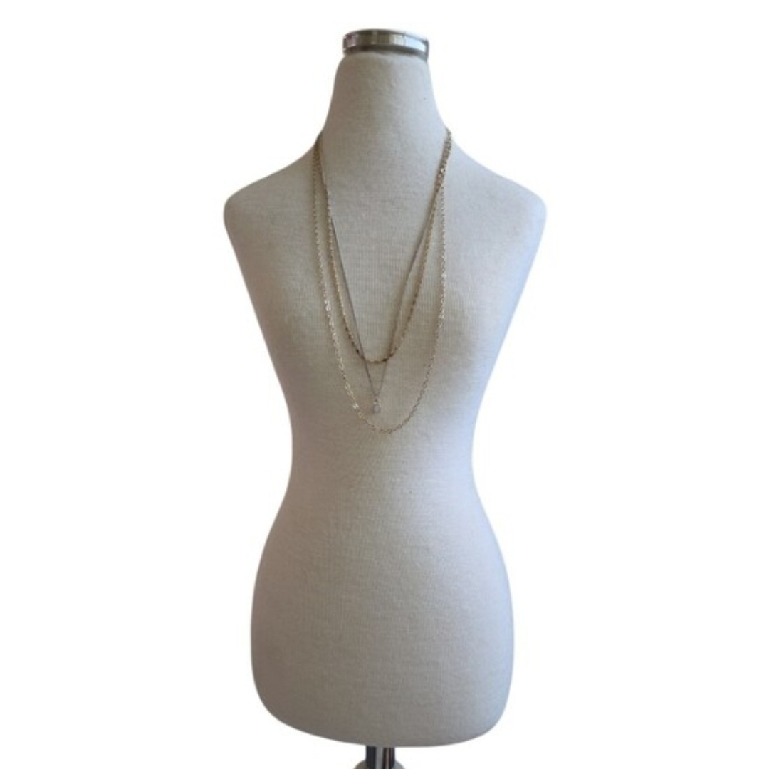 Gold Toned Multi Layered Chain Moonstone Gem Necklace 18"