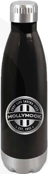 Black 700 millilitre stainless drink bottle with a circular Mollymook Surf Life Saving Club logo.