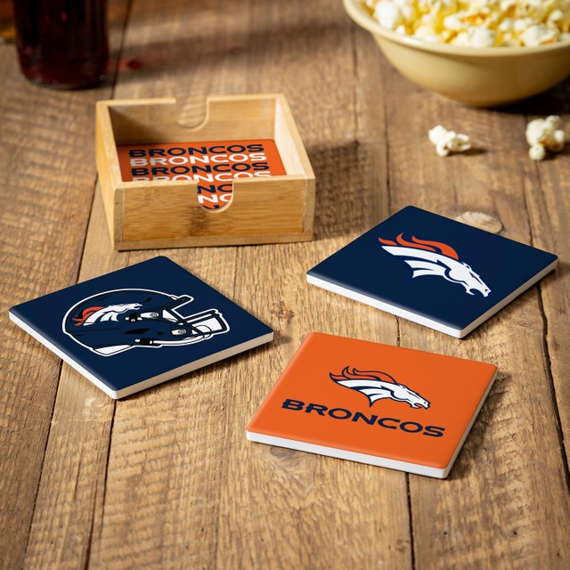 Denver Broncos 4 Piece Coaster Set with Wood Caddy