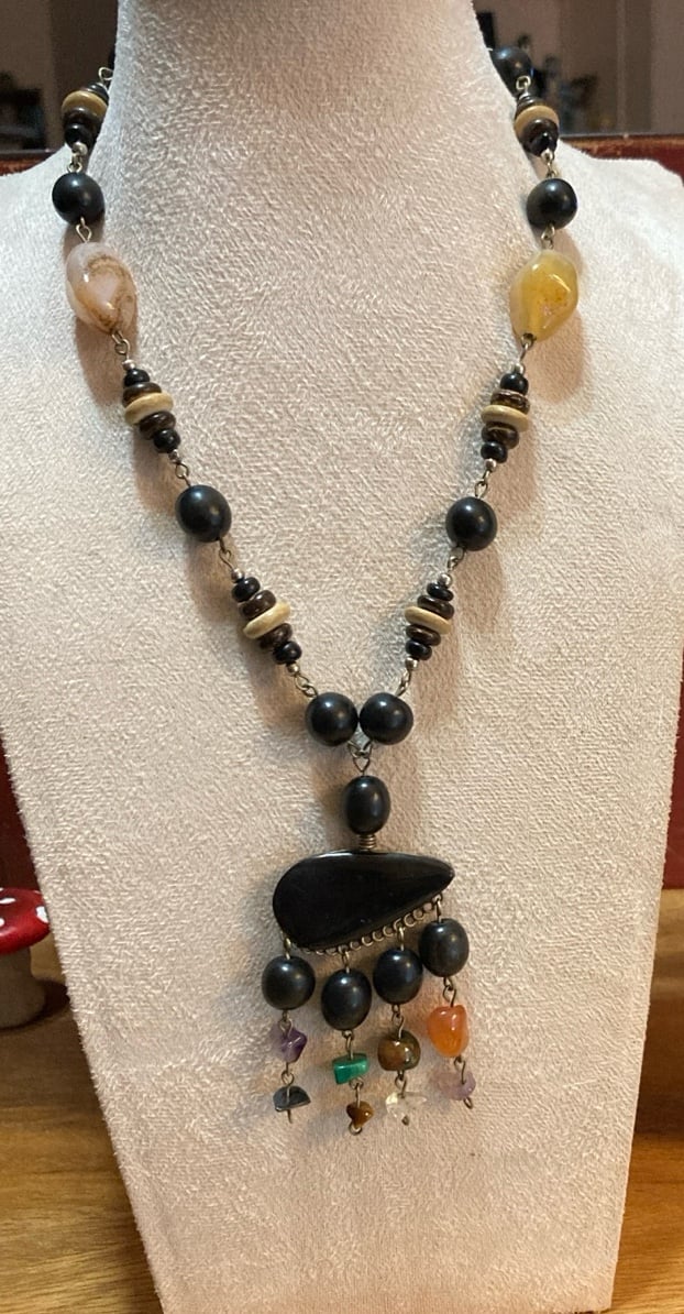 Unique Hand Crafted Necklace Purple Green Black GEMSTONES Tassle Pendant