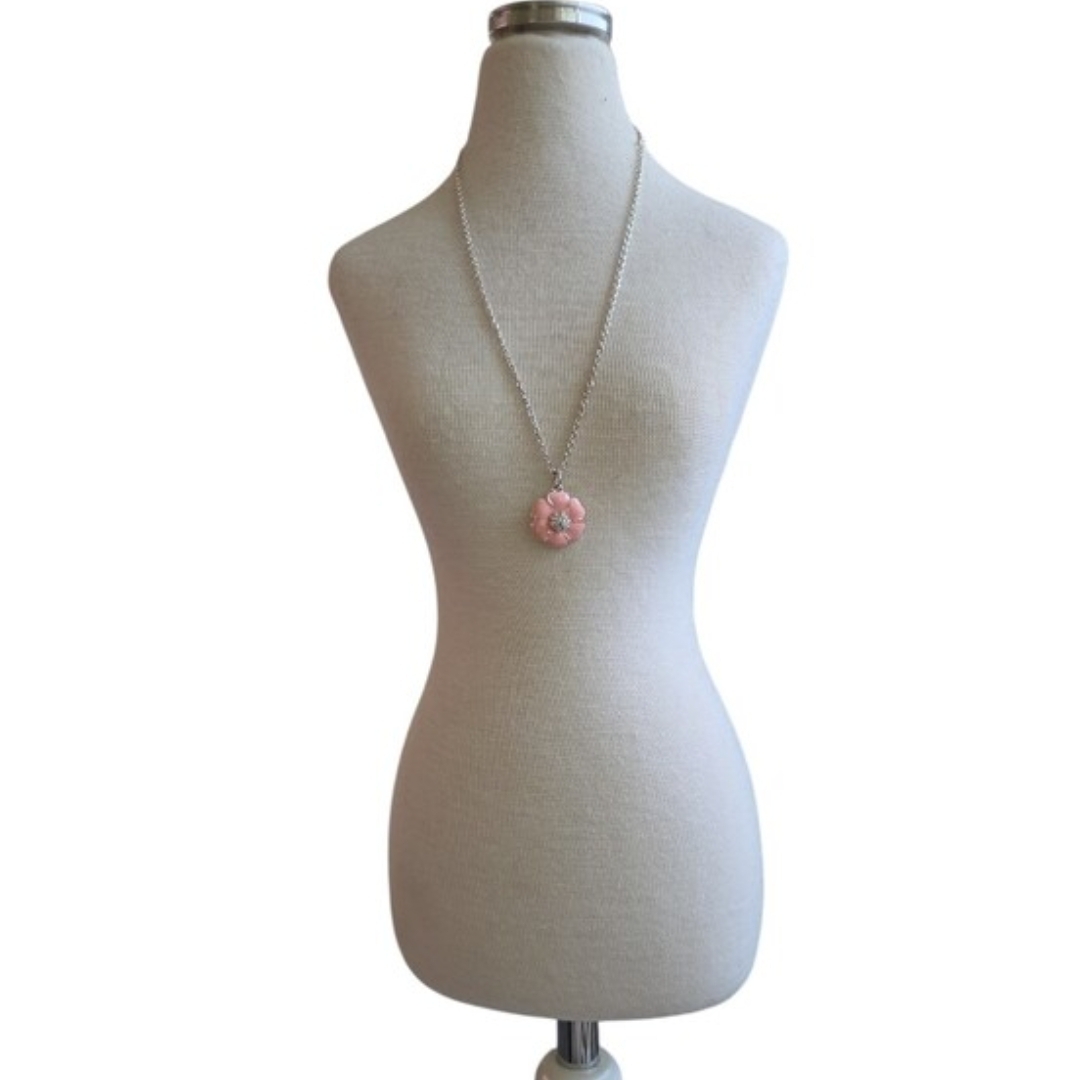 Silver Toned Pink Floral Pendant Necklace 18"