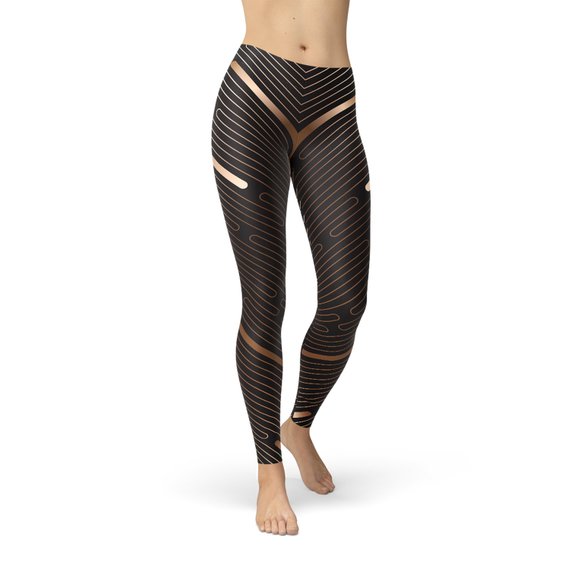 Womens Striped Lines Sports Brown Leggings in Brown · M