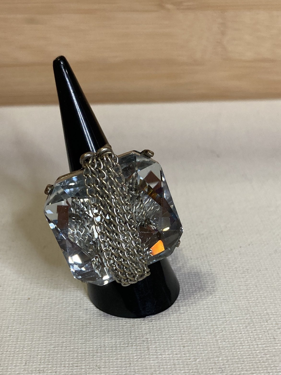 Statement Silver-tone Ring Rhinestone with Silver Chain Stretch Ring