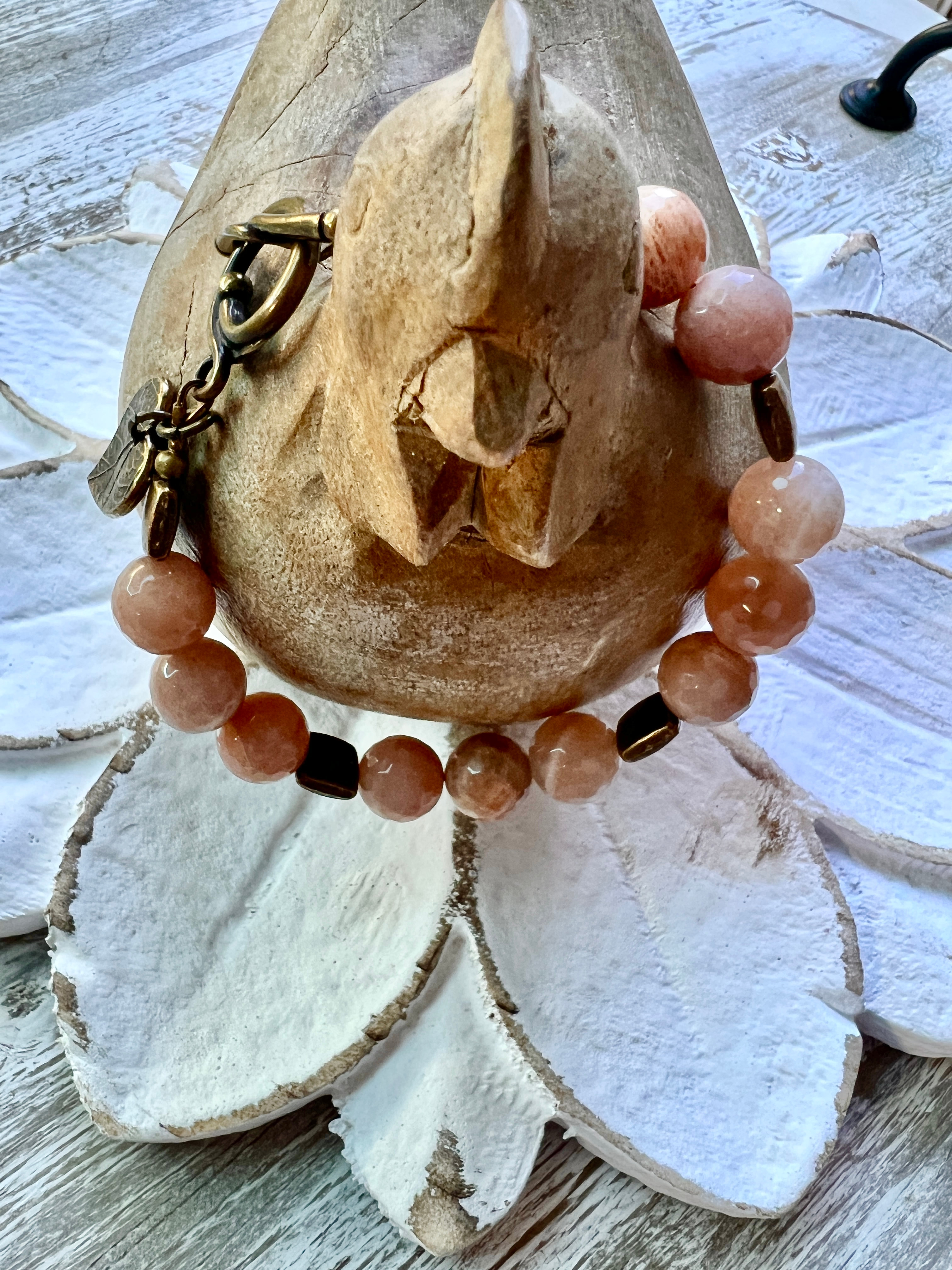 Peach Moonstone & Square Brass Bead Bracelet