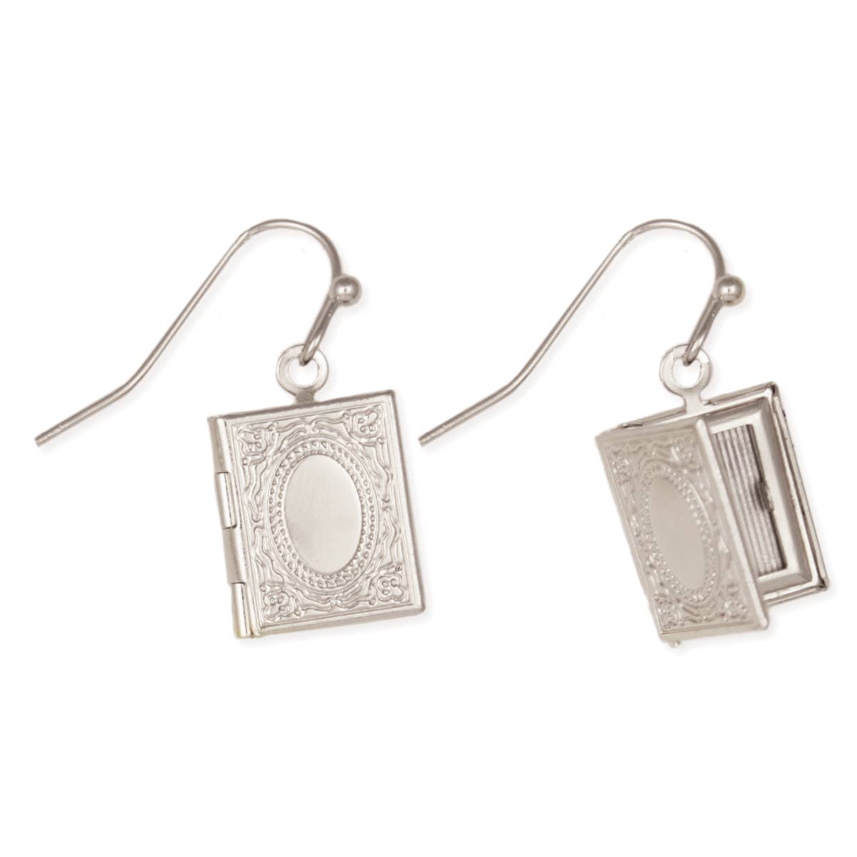 Treasured Keepsake Silver Book Floral Locket Earrings
