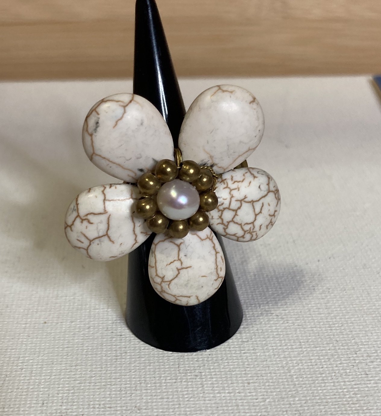 White Howlite Stone Flower Ring Pearl Center Hand Made