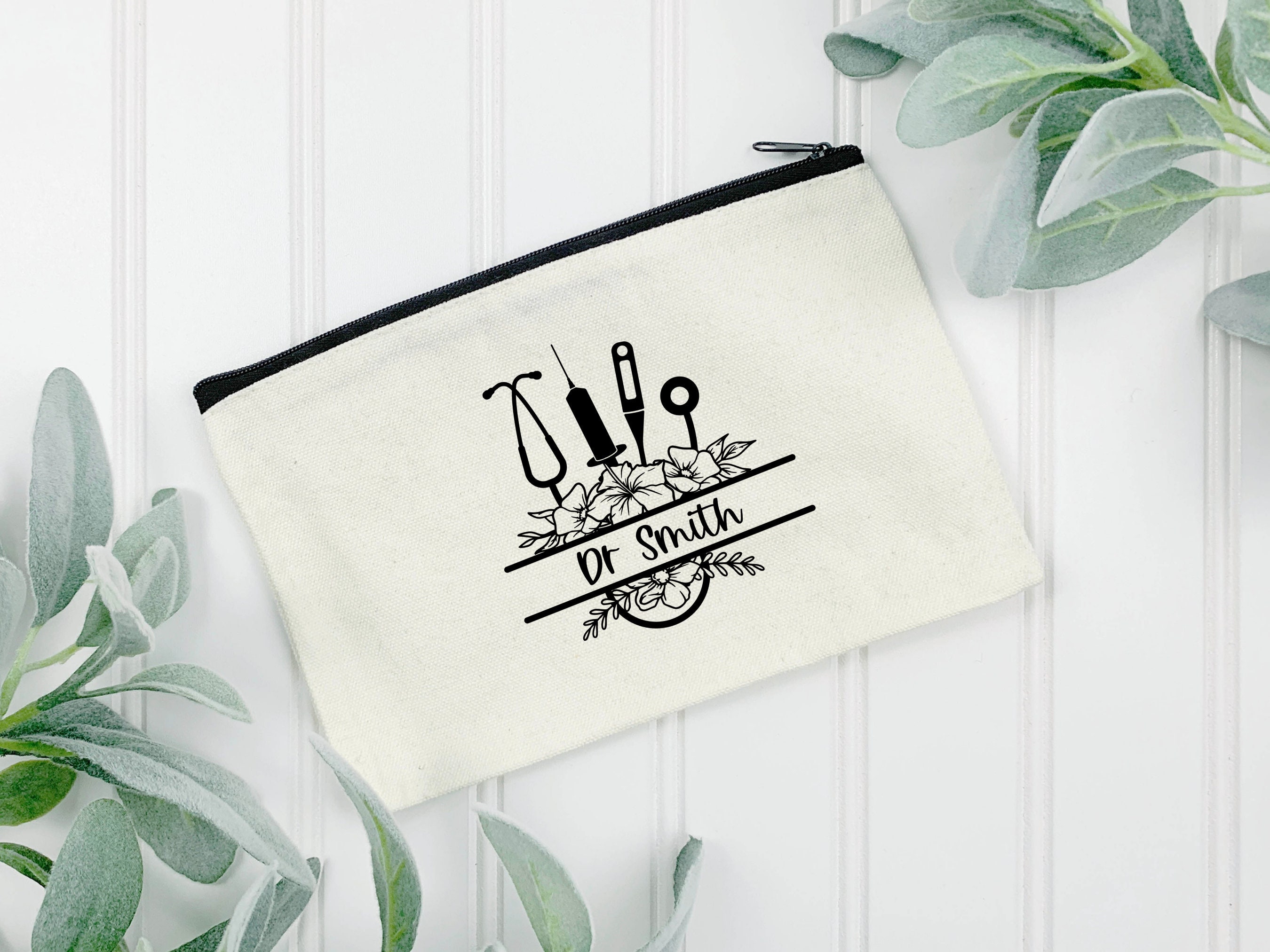 Flowery Stethoscope Medical Monogram Zip Bag | Pencil Case | Personalised | 100% Cotton | Medical Gift | Nurse | Doctor | Vet | Graduation