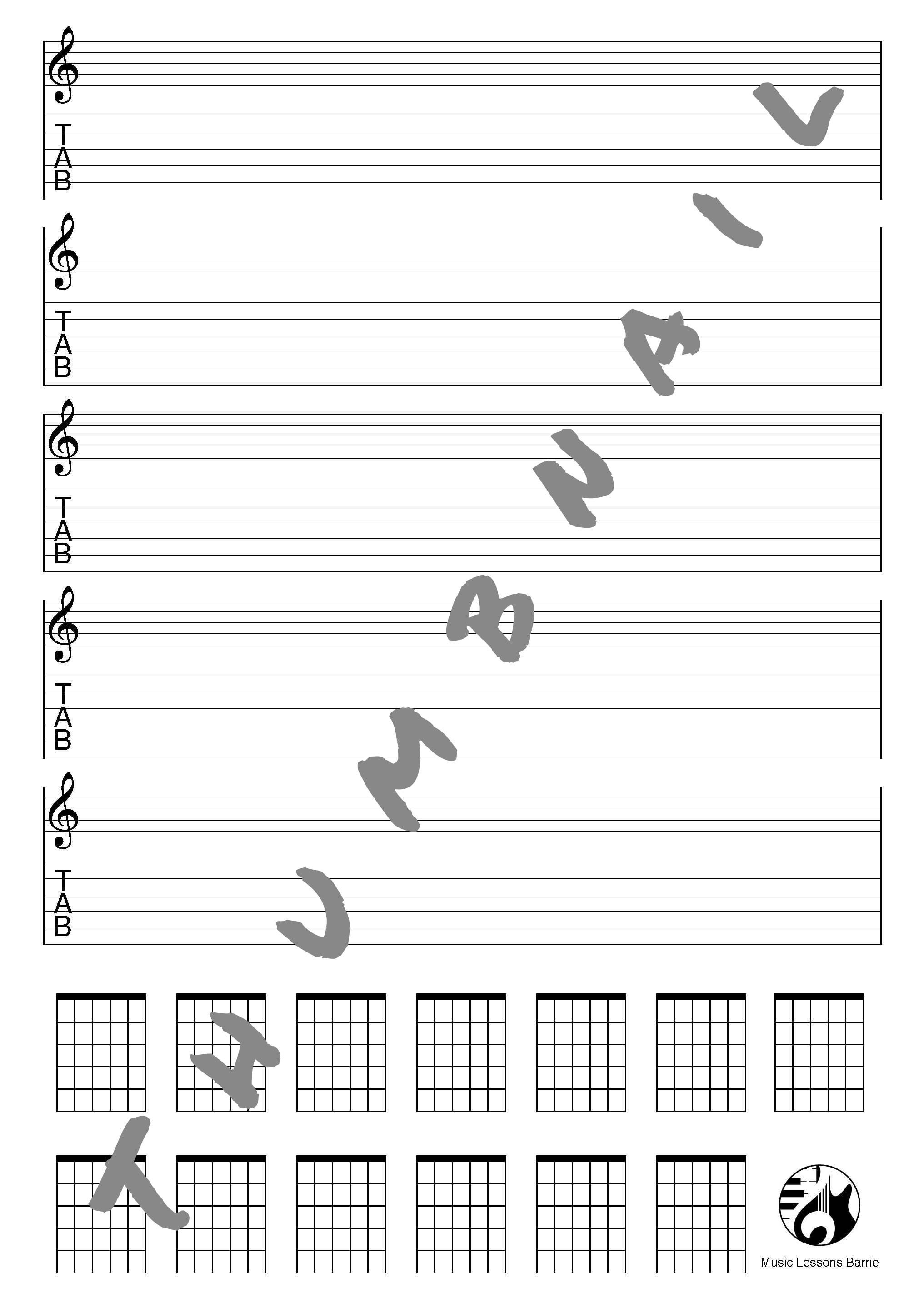 6-String Guitar Tablature Manuscript Paper - 5 Staves & 13 Chord Diagrams - 50 Pages