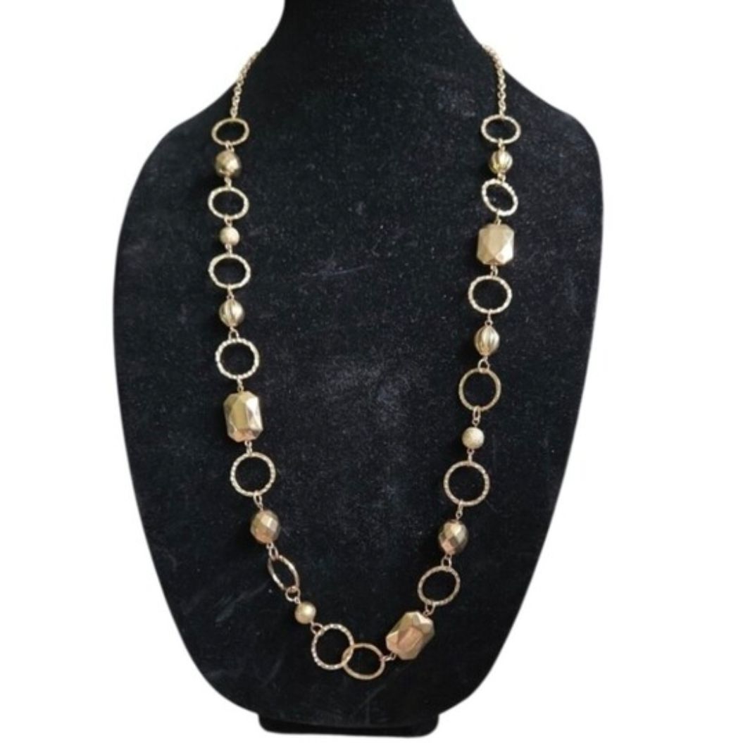 Vintage Long Gold Toned Link Necklace with Faceted Beads 36"