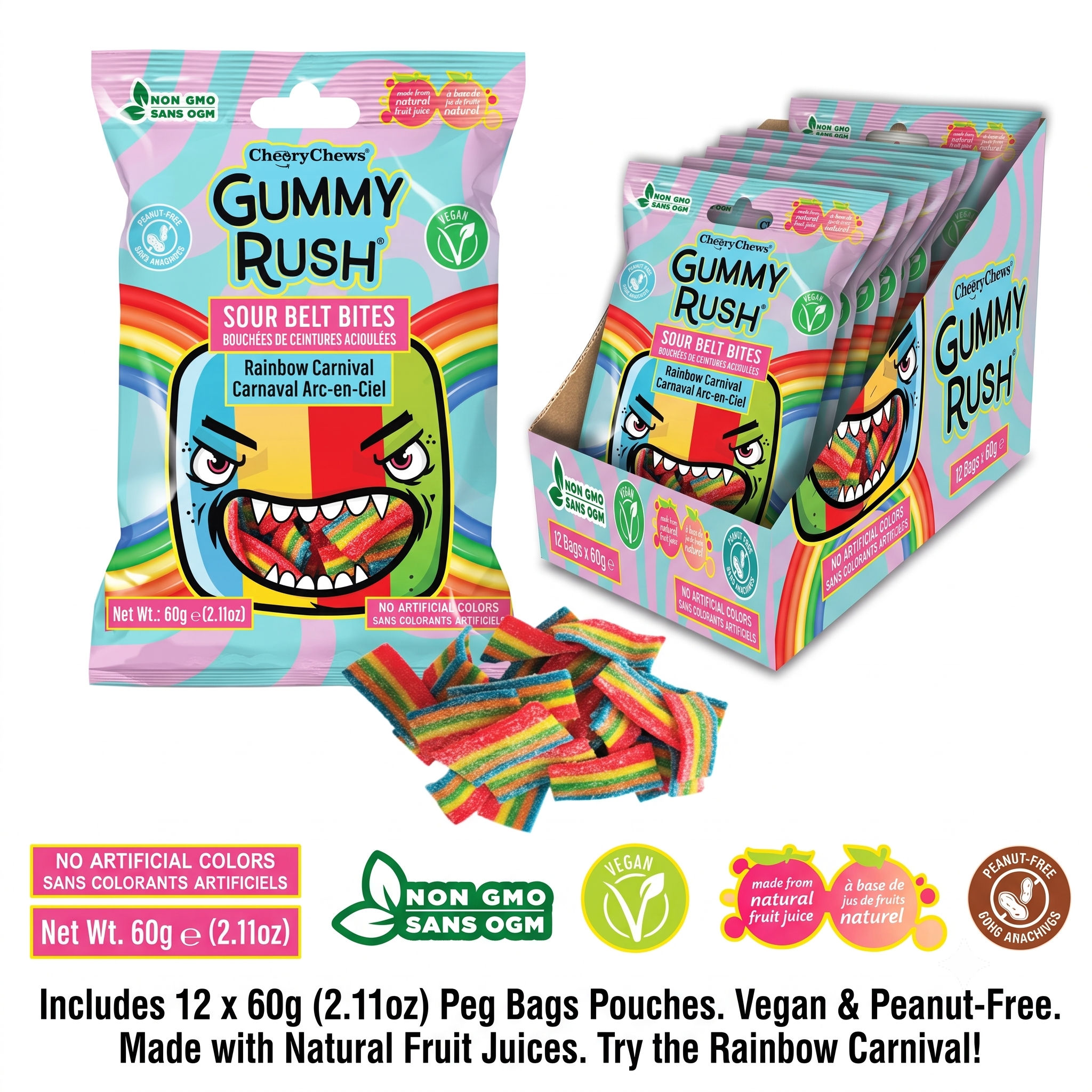 Gummy Rush Mini Sour Belt Bites Rainbow Carnival 2.11oz 12ct Tray