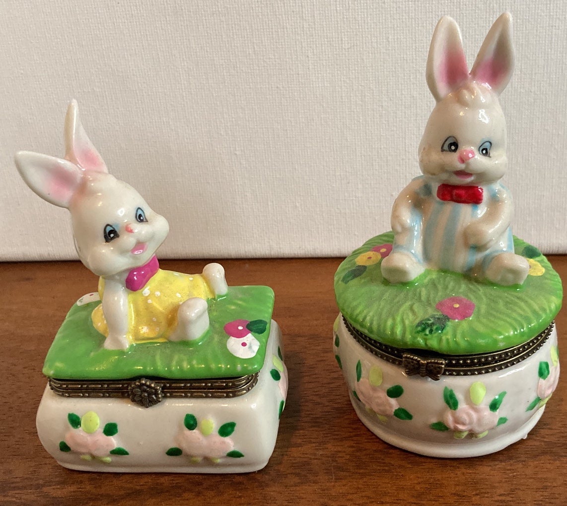 Vintage Easter Bunny Trinket Porcelain Bunny Girl and Boy