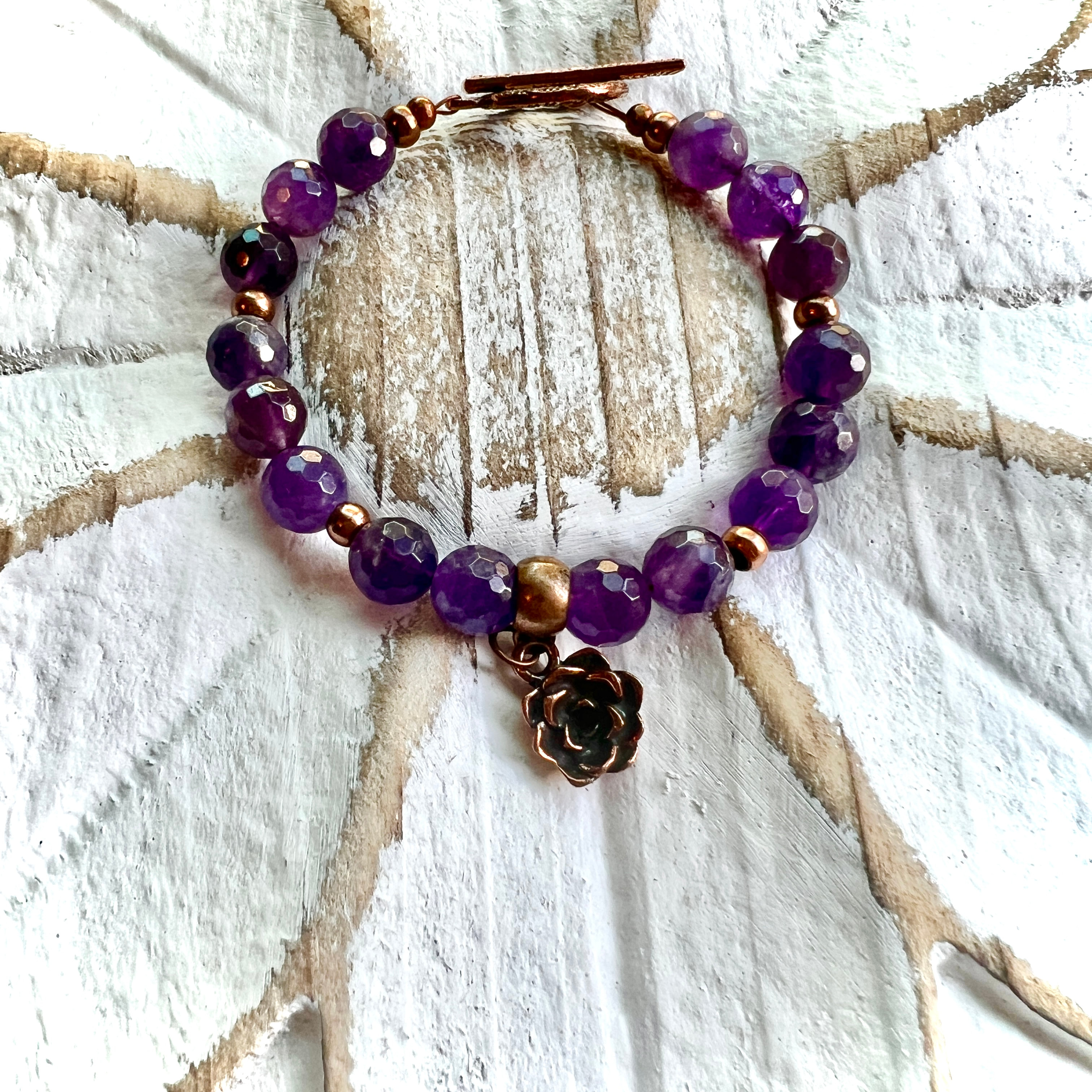 6.5" Faceted Amethyst 8mm Beaded Bracelet with TierraCast Copper (Plate) Clasp & Succulent Charm