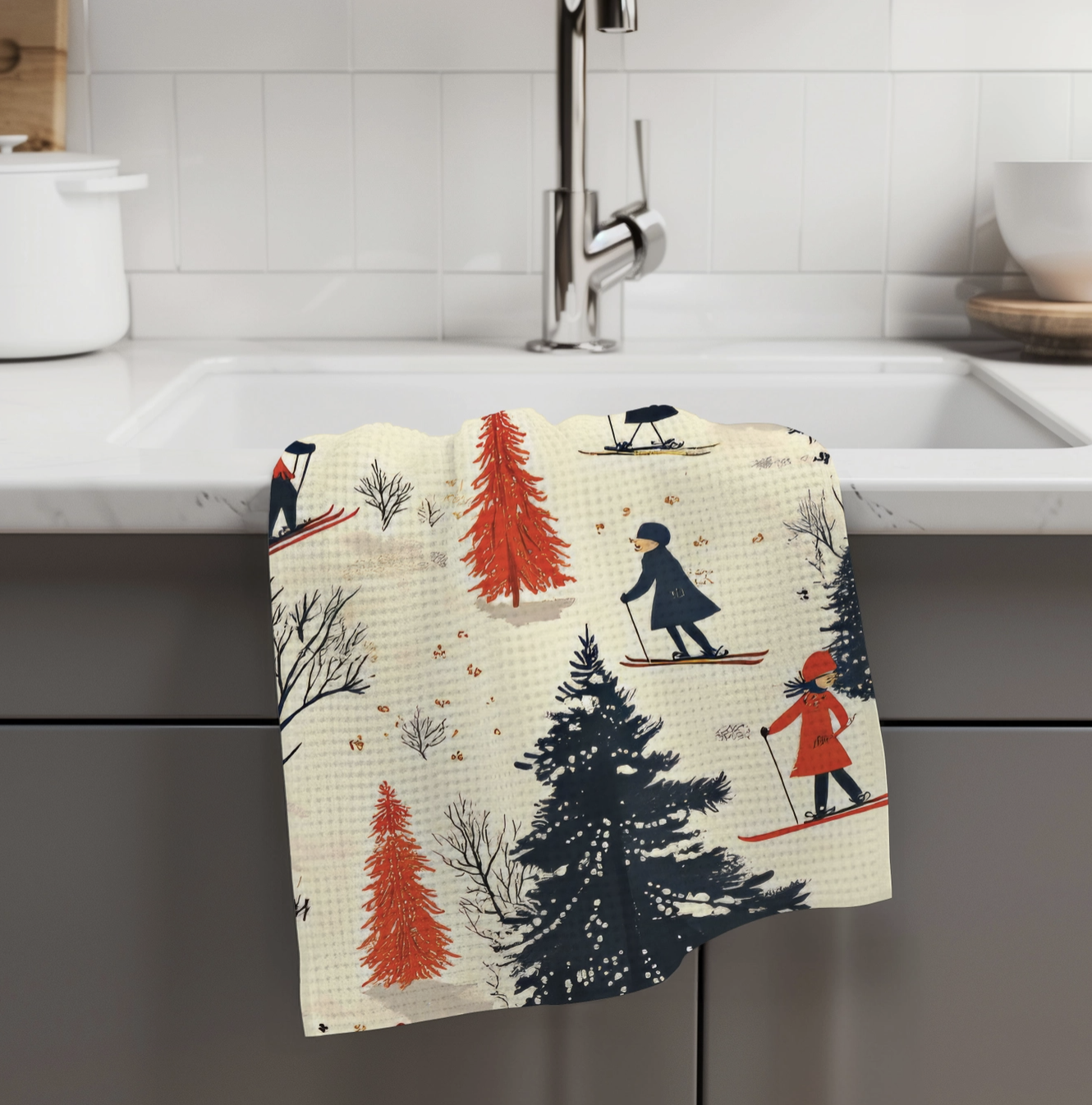 Vintage Skiers Waffle Towel