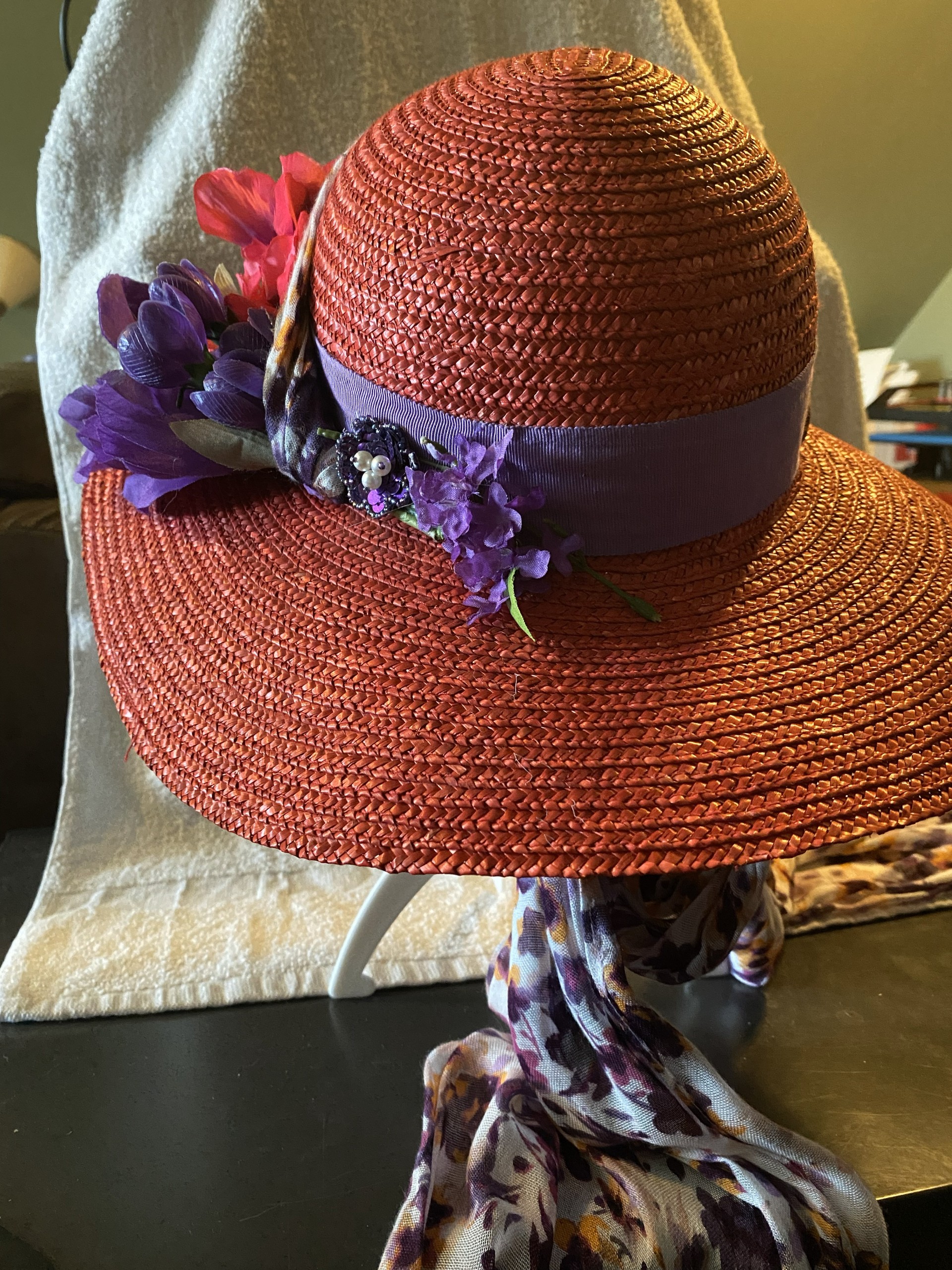 Purple and Red Flowered Red Straw Bonnet with printed Scarf